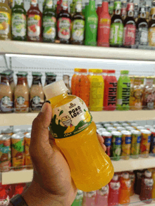 a person is holding a bottle of poko oka in front of a shelf full of drinks