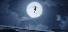 a silhouette of a person flying in the air with a full moon in the background