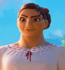 a close up of a cartoon character wearing a white dress with a red bow on the collar .