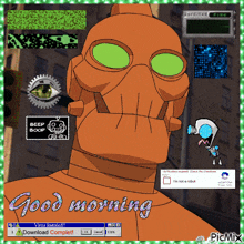 a computer screen with a robot and the words good morning on it