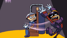 a cartoon drawing of a man in a purple suit