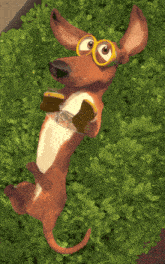 a cartoon dog wearing goggles and a collar is laying on the grass