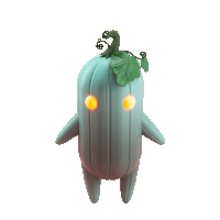 a green pumpkin with yellow eyes and a green leaf on top of it