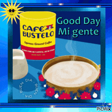 a can of cafe bustelo espresso ground coffee is on a table next to a cup of coffee