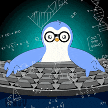 a blue and white penguin is sitting on a keyboard surrounded by equations