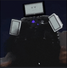 a cartoon character with a computer monitor on his head and a smiley face on the screen .