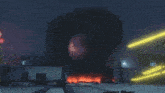 a video game scene with a skull in the background and a fire in the foreground