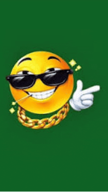 a smiley face wearing sunglasses and a gold chain around its neck points to the left