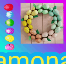 a picture of a wreath made of easter eggs with the name amona