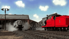 a red train has the number 5 on it