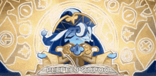 a blue and white cartoon character is sitting on a throne .