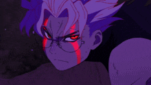 a close up of a cartoon character with purple hair