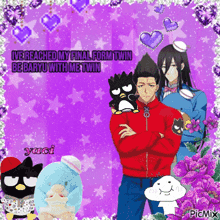 a purple background with a couple of anime characters and the words ive reached my final form twin be baryu with me twin