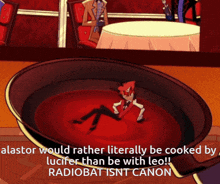 a cartoon of a man laying in a pan of red sauce