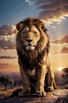 a painting of a lion sitting on top of a rock