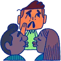 a cartoon of a man covering his mouth with his hand while two women kiss him