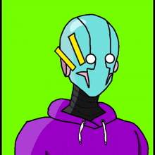 a cartoon of a robot wearing a purple hoodie and a blue mask
