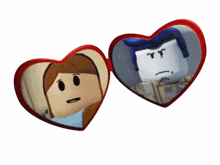 a couple of heart shaped mirrors with a man and a woman in them