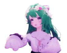a girl with green hair is wearing a flower crown and gloves