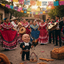 a man in a mariachi outfit is holding a rooster in front of a crowd of people