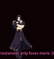 a pixel art of a man holding a scythe with the text testament only loves marie