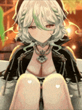 a girl with white hair and green hair is sitting in a bathtub with her legs crossed