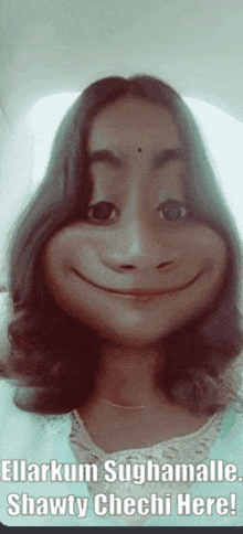 a woman is smiling and making a funny face with a cartoon face on her face .