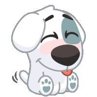 a cartoon drawing of a white dog with a blue spot on its nose