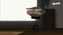 a cartoon character wearing glasses is sitting on a chair