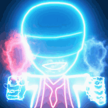 a neon drawing of a man with a tie and helmet