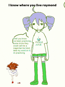 a drawing of a girl with a pickle juice shirt