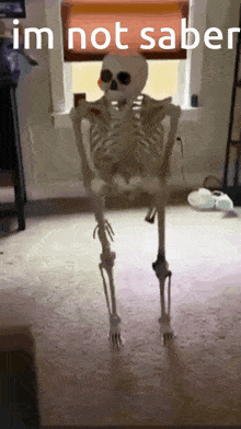 a skeleton is standing in front of a window with the words " im not saber " on the bottom