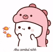 a cartoon character is wearing a pink dinosaur hat and holding a fireball in his mouth .