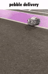 a pebble delivery robot is driving down a purple road .