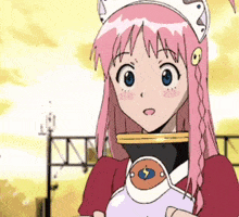 a cartoon girl with pink hair and blue eyes is holding something in her hands