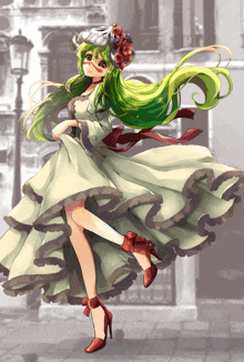 a girl with green hair is wearing a white dress