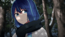 a girl with blue hair and a black scarf around her neck