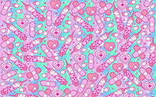 a pattern of syringes , bandages , hearts , and pills on a purple and blue background .