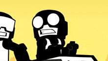two black and white cartoon characters are standing next to each other with a yellow background