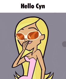 a cartoon girl wearing sunglasses and covering her mouth with her hand with the words hello cyn below her