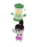 a cartoon girl wearing sunglasses stands next to a green battery