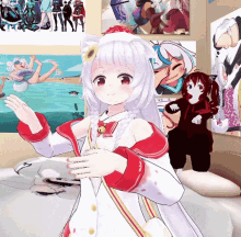 a girl with white hair and red sleeves is standing on a bed in front of a wall of anime posters