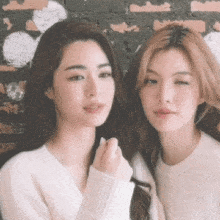 two women are standing next to each other in front of a brick wall . one of the women is wearing a white sweater .