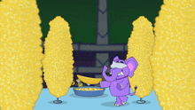 a cartoon of an elephant holding a banana in front of a bowl of popcorn