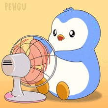 a penguin is sitting in front of a fan and the word pengu is on the bottom