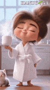 a cartoon girl in a bathrobe is holding a cup of coffee and smiling