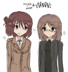 a drawing of two girls with the words " oanon " written above them