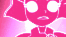 a close up of a pink cartoon character with glowing eyes and a glowing heart .