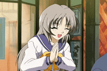 a cartoon girl with gray hair is smiling with her hands folded