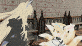 two anime characters are standing next to each other in front of a wall that has flowers on it